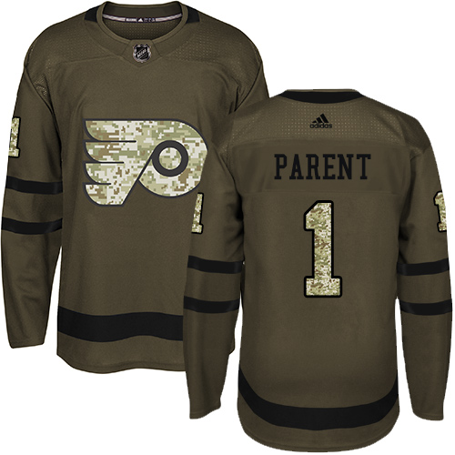 Adidas Flyers #1 Bernie Parent Green Salute to Service Stitched NHL Jersey - Click Image to Close